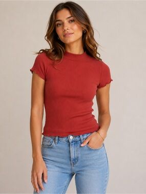 Old Navy Ribbed Mock Neck Top Small Red Short Sleeve Stretch Knit Tee